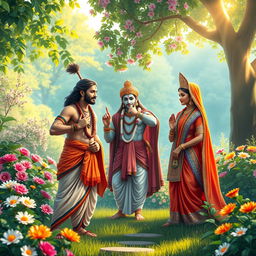 A beautifully composed scene depicting Arjuna, dressed as a Brahmin, meeting Krishna, Baladewa, and Subhadra in a lush, serene garden