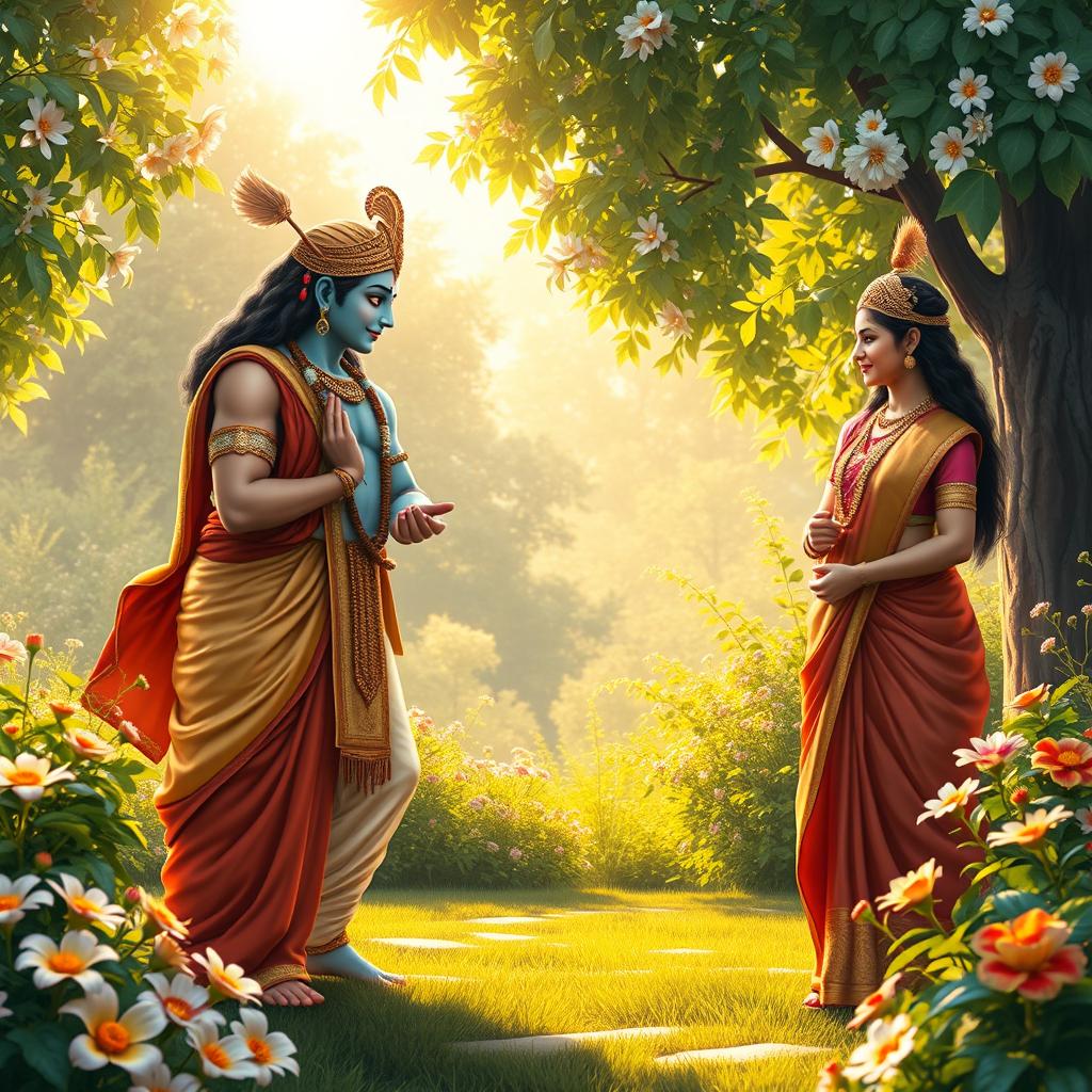 A beautifully composed scene depicting Arjuna, dressed as a Brahmin, meeting Krishna, Baladewa, and Subhadra in a lush, serene garden