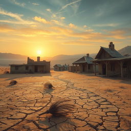 A semi-realistic depiction of a dry, abandoned village set in a barren, crusty landscape