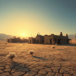 A semi-realistic depiction of a dry, abandoned village set in a barren, crusty landscape