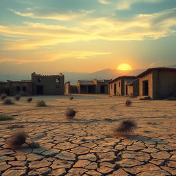 A semi-realistic depiction of a dry, abandoned village set in a barren, crusty landscape