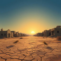 A semi-realistic depiction of a dry, abandoned village set in a barren, crusty landscape