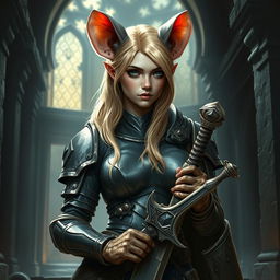 A blonde female paladin transformed into a wererat, standing in an ancient, dimly lit temple