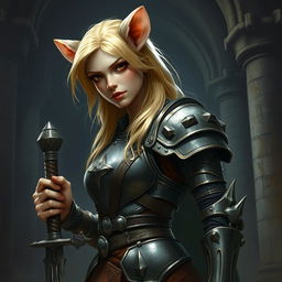 A blonde female paladin transformed into a wererat, standing in an ancient, dimly lit temple