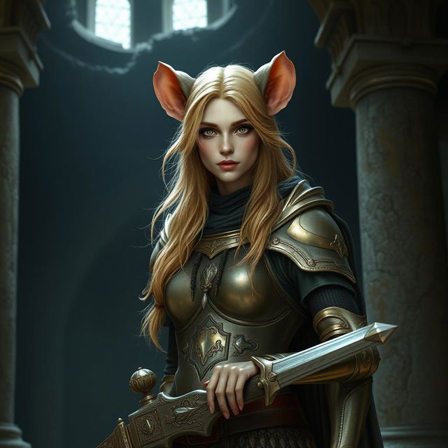 A blonde female paladin transformed into a wererat, standing in an ancient, dimly lit temple