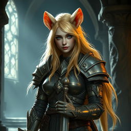 A blonde female paladin transformed into a wererat, standing in an ancient, dimly lit temple