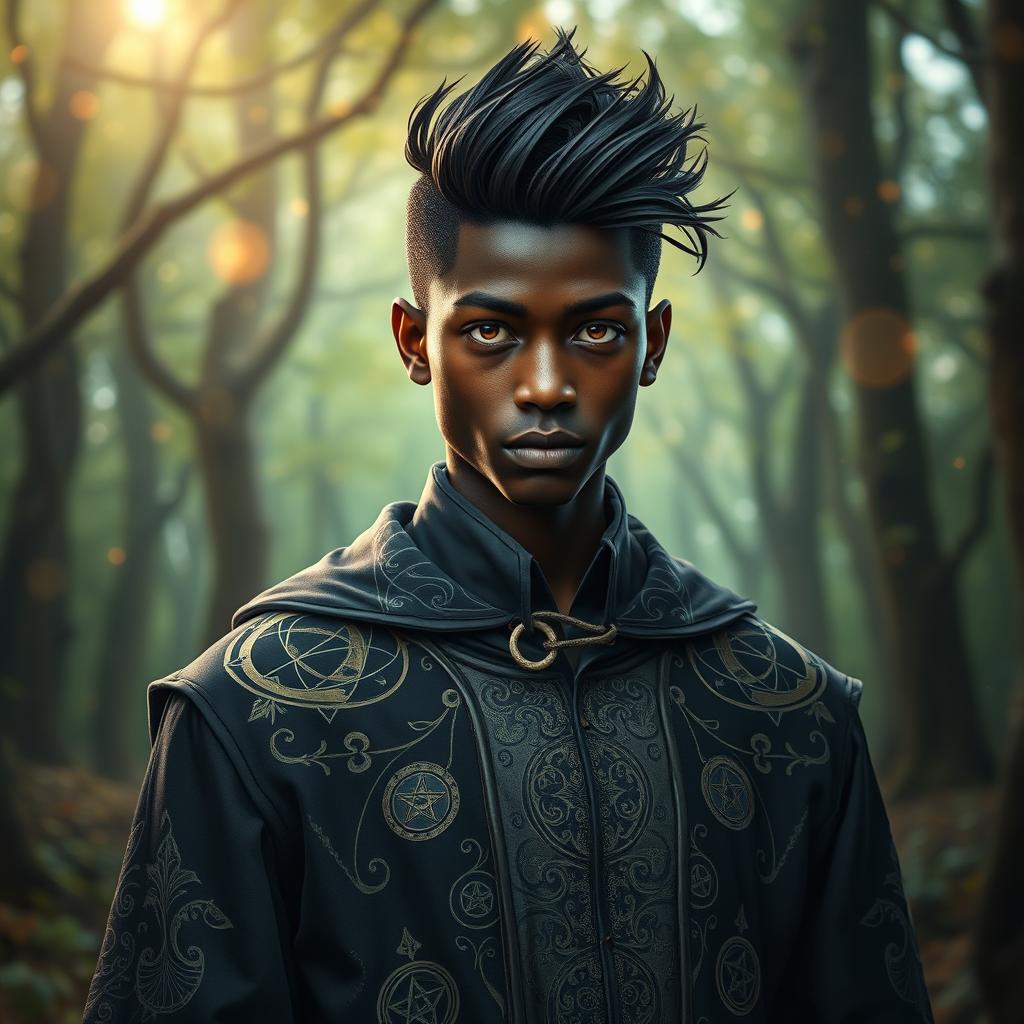 a charismatic teenage magician with dark skin, exuding an aura of mystery and intrigue