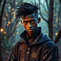 a charismatic teenage magician with dark skin, exuding an aura of mystery and intrigue