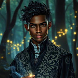 a charismatic teenage magician with dark skin, exuding an aura of mystery and intrigue