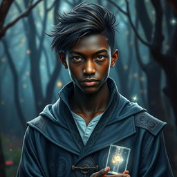 a charismatic teenage magician with dark skin, exuding an aura of mystery and intrigue