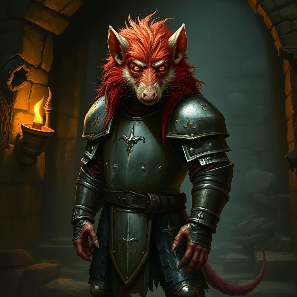 A red-haired wererat clad in plate armor, standing in a dim, ancient dungeon