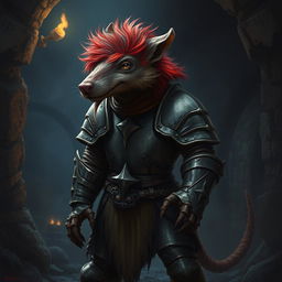 A red-haired wererat clad in plate armor, standing in a dim, ancient dungeon