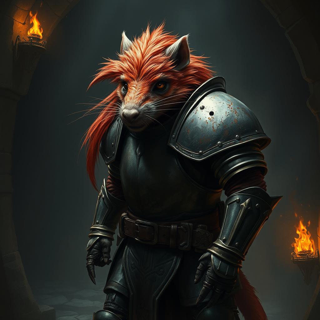 A red-haired wererat clad in plate armor, standing in a dim, ancient dungeon