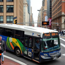 A city bus with a clear visible number 46 on its side, parked at a busy urban intersection, surrounded by pedestrians and city buildings in the background, capturing the vibrant atmosphere of a typical weekday in a bustling city