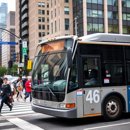 A city bus with a clear visible number 46 on its side, parked at a busy urban intersection, surrounded by pedestrians and city buildings in the background, capturing the vibrant atmosphere of a typical weekday in a bustling city