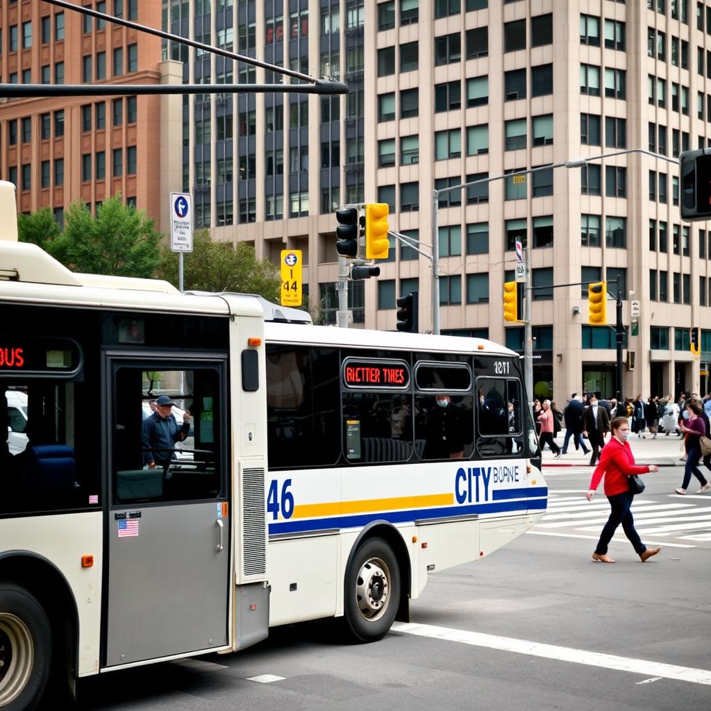 A city bus with a clear visible number 46 on its side, parked at a busy urban intersection, surrounded by pedestrians and city buildings in the background, capturing the vibrant atmosphere of a typical weekday in a bustling city