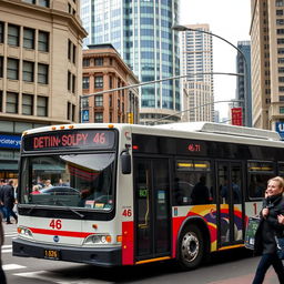 A city bus with a clear visible number 46 on its side, parked at a busy urban intersection, surrounded by pedestrians and city buildings in the background, capturing the vibrant atmosphere of a typical weekday in a bustling city