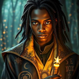 a charismatic teenage magician with dark skin and long, stylish dreadlocks, exuding an aura of mystery and intrigue