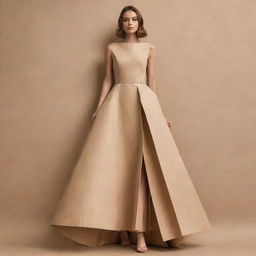 A hand-drawn design of a simple yet fashionable gown made entirely from recycled carton. The illustration must showcase innovative ways to reuse carton materials in creating an eco-friendly, chic ensemble.