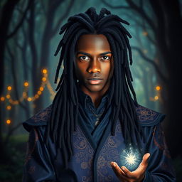 a charismatic teenage magician with dark skin and long, stylish dreadlocks, exuding an aura of mystery and intrigue