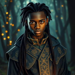 a charismatic teenage magician with dark skin and long, stylish dreadlocks, exuding an aura of mystery and intrigue