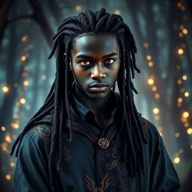 a charismatic teenage magician with dark skin and long, stylish dreadlocks, exuding an aura of mystery and intrigue