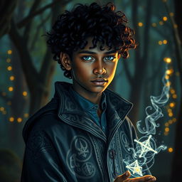 a charismatic teenage magician with dark skin and curly hair, exuding an aura of mystery and intrigue