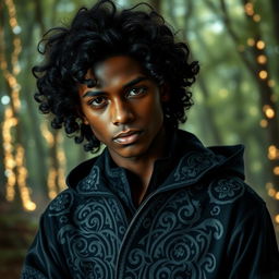 a charismatic teenage magician with dark skin and curly hair, exuding an aura of mystery and intrigue