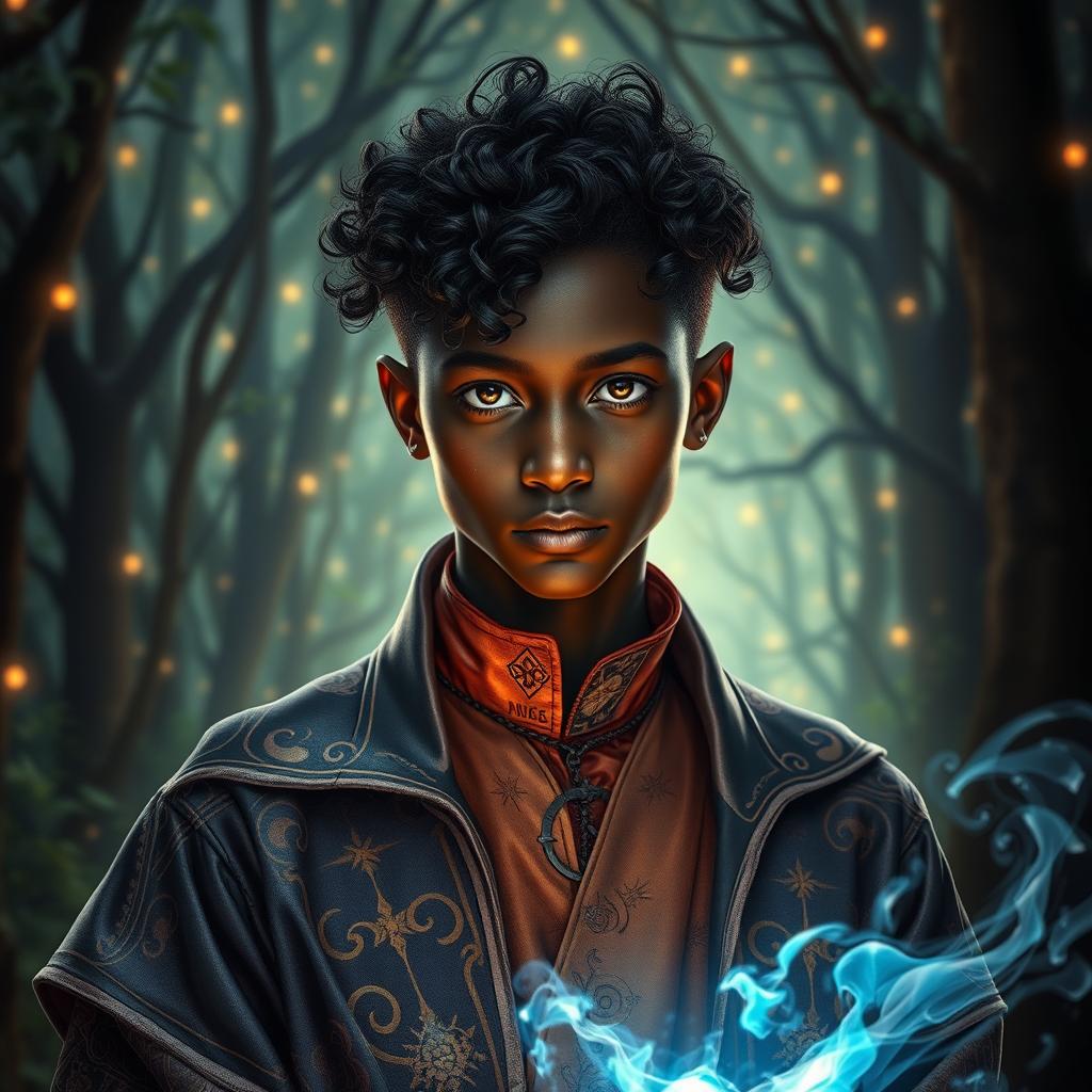 a charismatic teenage magician with dark skin and curly hair, exuding an aura of mystery and intrigue