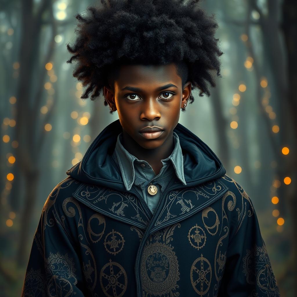 a charismatic teenage magician with dark skin and an impressive afro, exuding an aura of mystery and intrigue