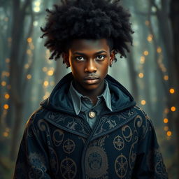 a charismatic teenage magician with dark skin and an impressive afro, exuding an aura of mystery and intrigue