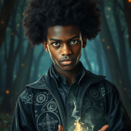 a charismatic teenage magician with dark skin and an impressive afro, exuding an aura of mystery and intrigue