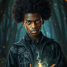 a charismatic teenage magician with dark skin and an impressive afro, exuding an aura of mystery and intrigue