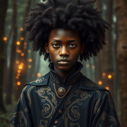 a charismatic teenage magician with dark skin and an impressive afro, exuding an aura of mystery and intrigue