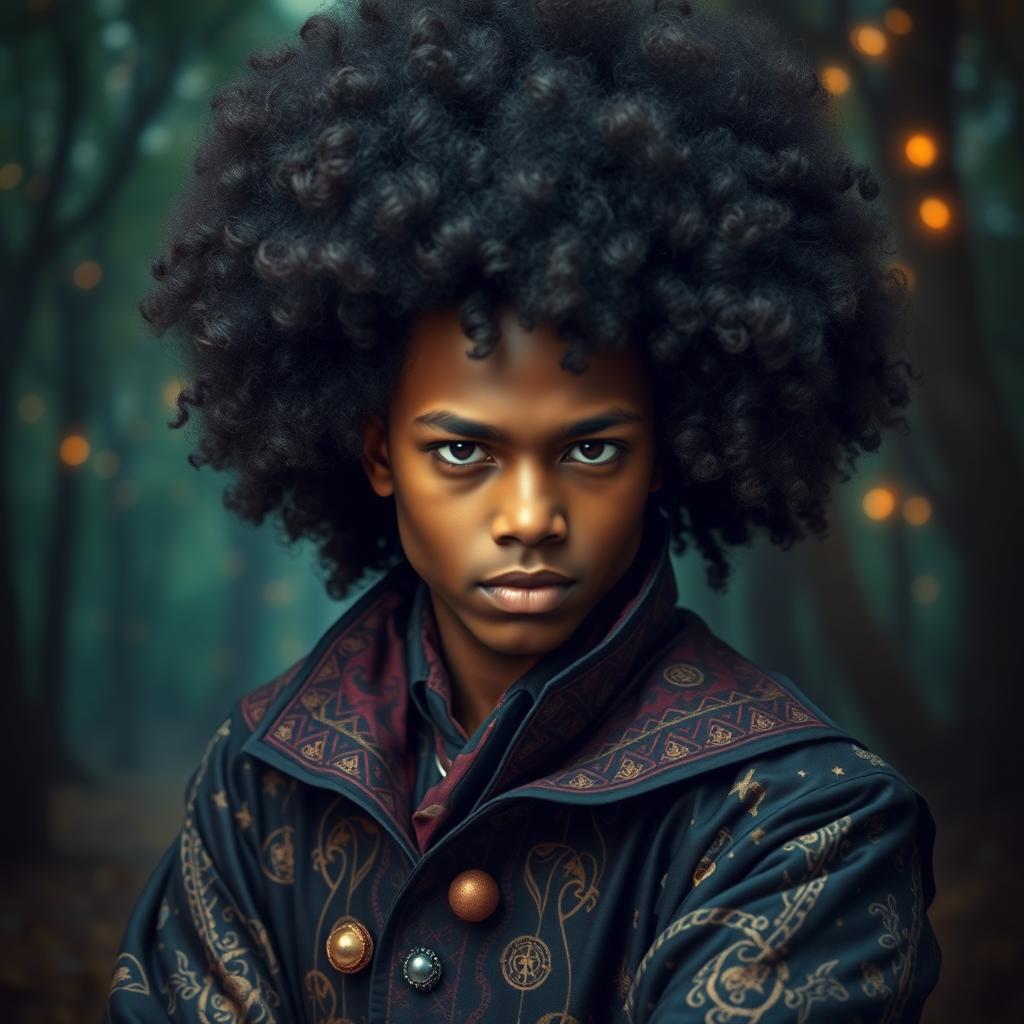 a charismatic teenage magician with dark skin and an impressive afro, exuding an aura of mystery and intrigue