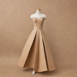 A hand-drawn design of a simple yet fashionable gown made entirely from recycled carton. The illustration must showcase innovative ways to reuse carton materials in creating an eco-friendly, chic ensemble.