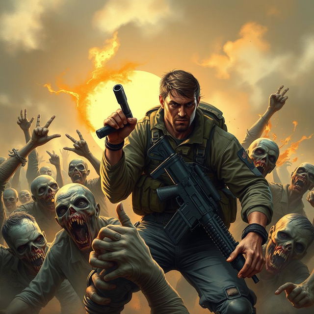 A dynamic book cover illustrating an intense scene of a rugged, determined military man engaged in combat against a horde of terrifying zombies in a post-apocalyptic setting