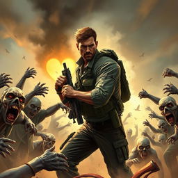 A dynamic book cover illustrating an intense scene of a rugged, determined military man engaged in combat against a horde of terrifying zombies in a post-apocalyptic setting