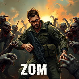 A dynamic book cover illustrating an intense scene of a rugged, determined military man engaged in combat against a horde of terrifying zombies in a post-apocalyptic setting