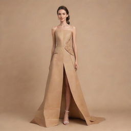 A hand-drawn design of a simple yet fashionable gown made entirely from recycled carton. The illustration must showcase innovative ways to reuse carton materials in creating an eco-friendly, chic ensemble.