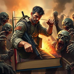 A dynamic book cover illustrating an intense scene of a rugged, determined military man engaged in combat against a horde of terrifying zombies in a post-apocalyptic setting