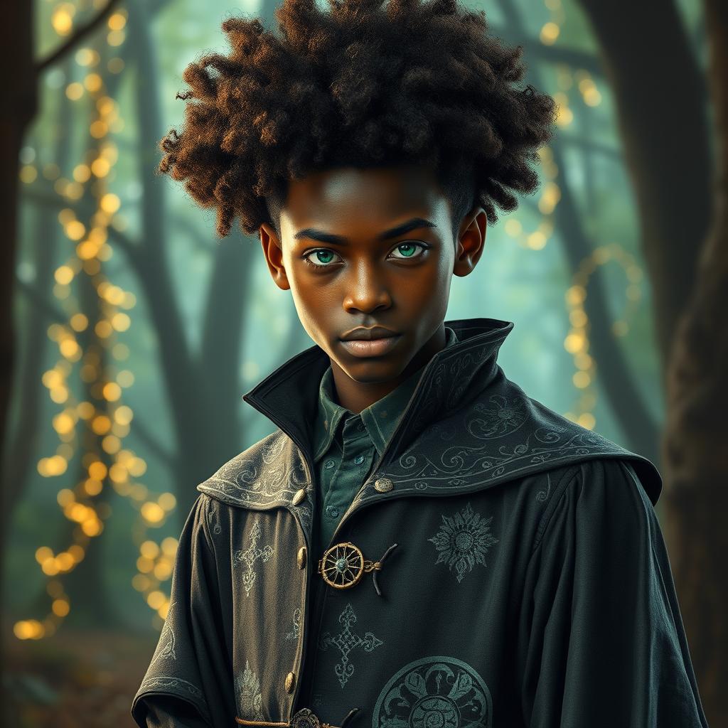 a charismatic teenage magician with dark skin, an impressive afro, and striking green eyes, exuding an aura of mystery and intrigue