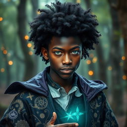 a charismatic teenage magician with dark skin, an impressive afro, and striking green eyes, exuding an aura of mystery and intrigue