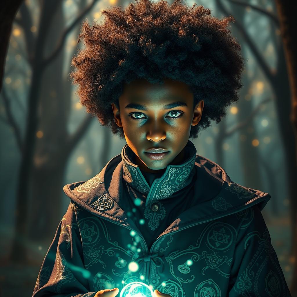 a charismatic teenage magician with dark skin, an impressive afro, and striking green eyes, exuding an aura of mystery and intrigue