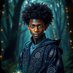 a charismatic teenage magician with dark skin, an impressive afro, and striking green eyes, exuding an aura of mystery and intrigue