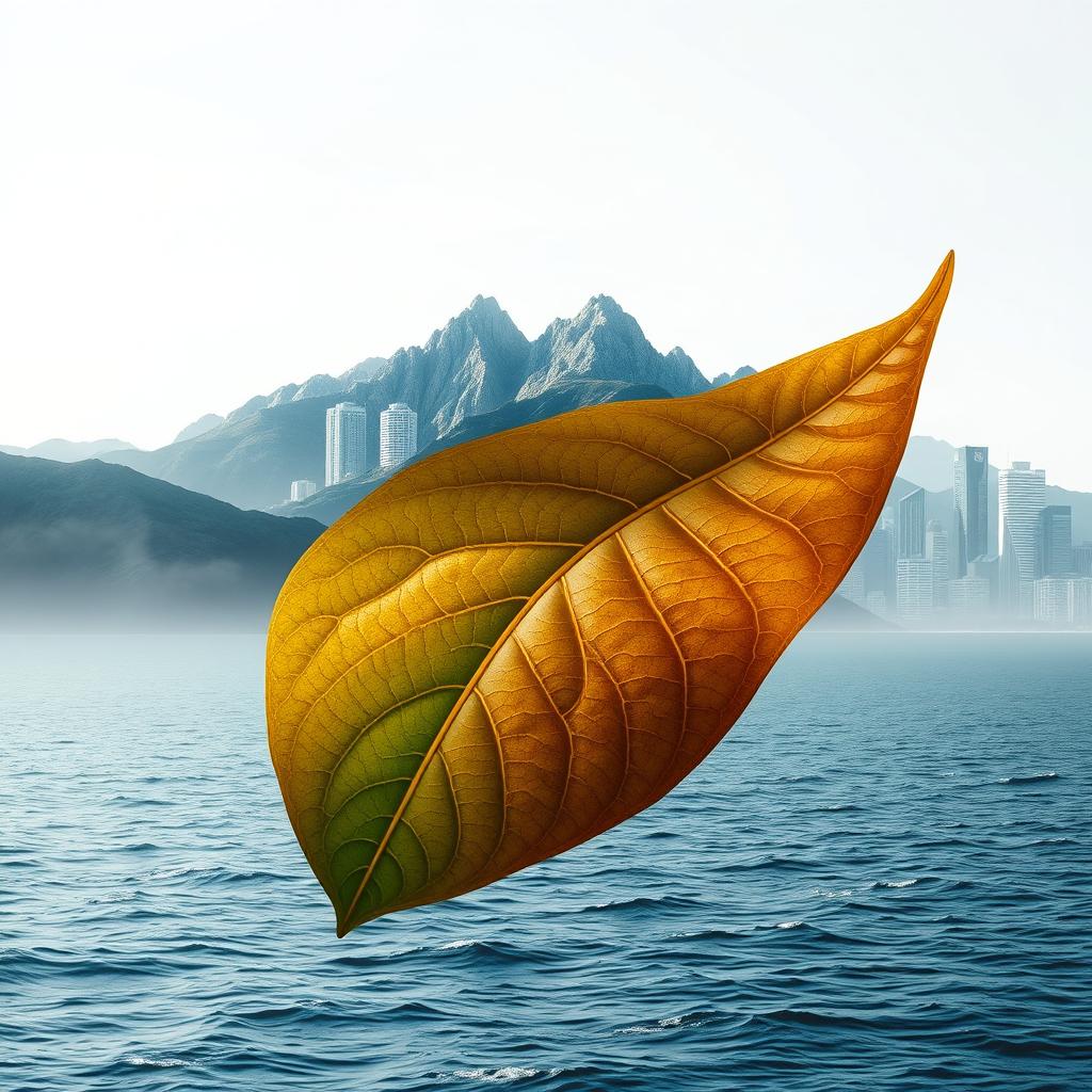 An artistic representation combining a tobacco leaf with mountainous landscapes, urban buildings, and the sea