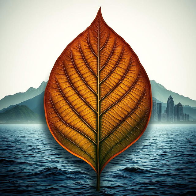 An artistic representation combining a tobacco leaf with mountainous landscapes, urban buildings, and the sea