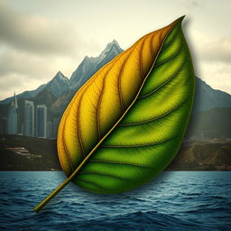 An artistic representation combining a tobacco leaf with mountainous landscapes, urban buildings, and the sea