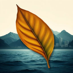 An artistic representation combining a tobacco leaf with mountainous landscapes, urban buildings, and the sea