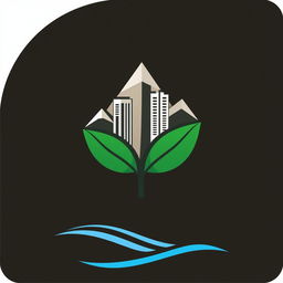 A unique logo design that combines the elements of a tobacco leaf, mountains, buildings, and the sea